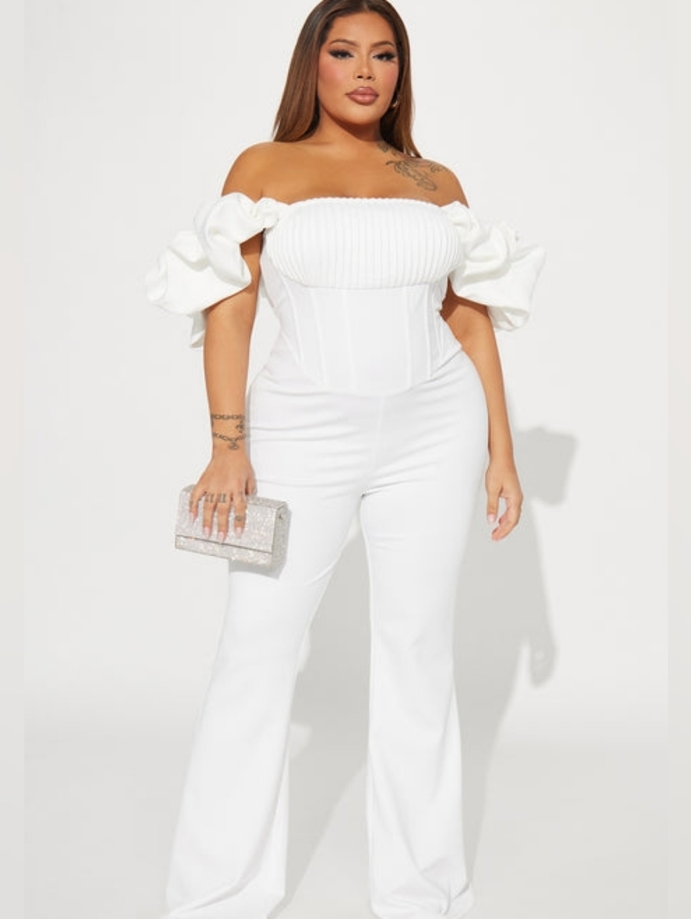 Fashion Nova White Off Shoulder Ruffle Corset Jumpsuit 1X NWT Flare Leg